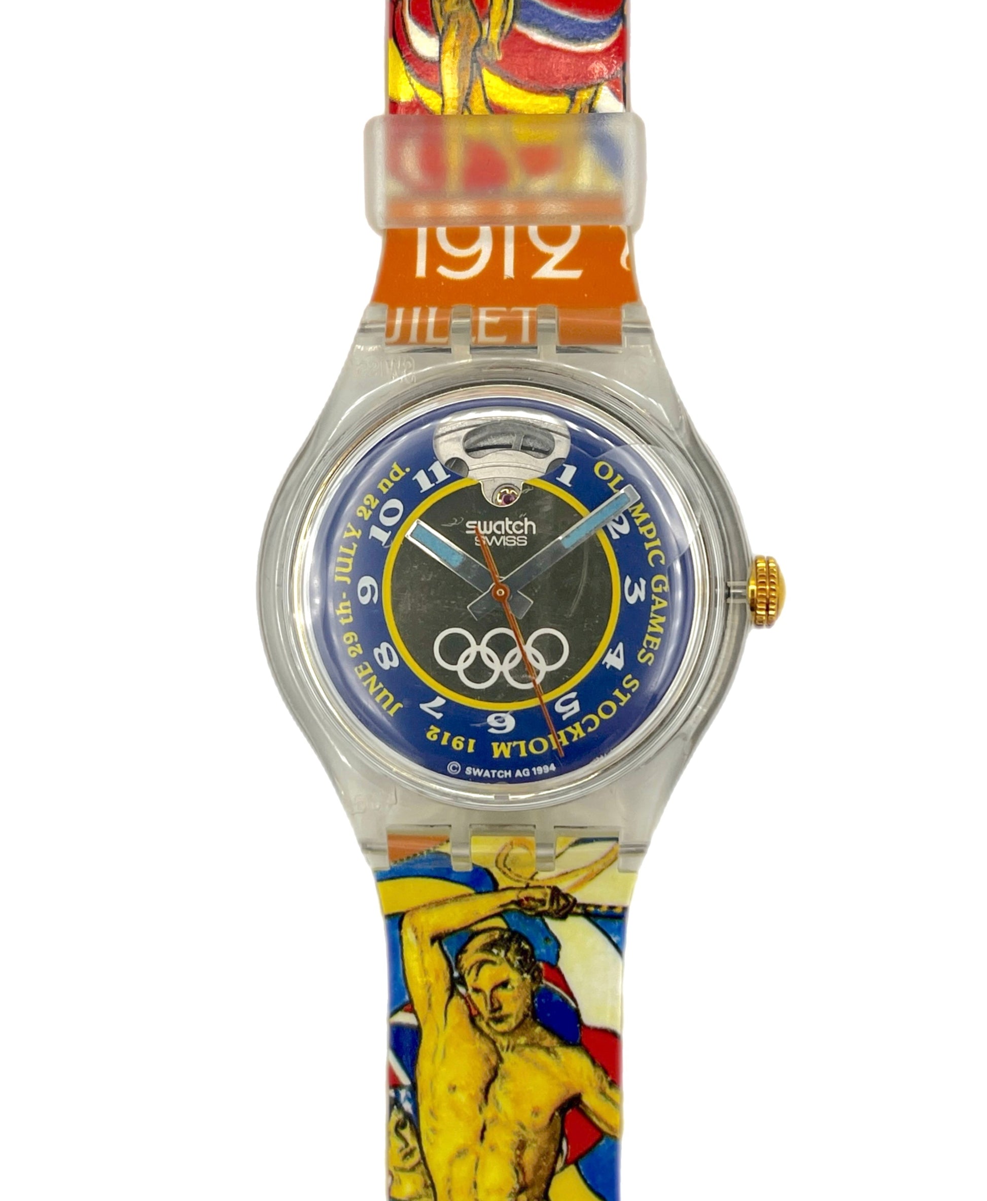 Swatch mechanical watch with Olympic-themed strap on a white background