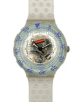Swathc Scuba Watch with a CLEAR strap and transparent face on a white background