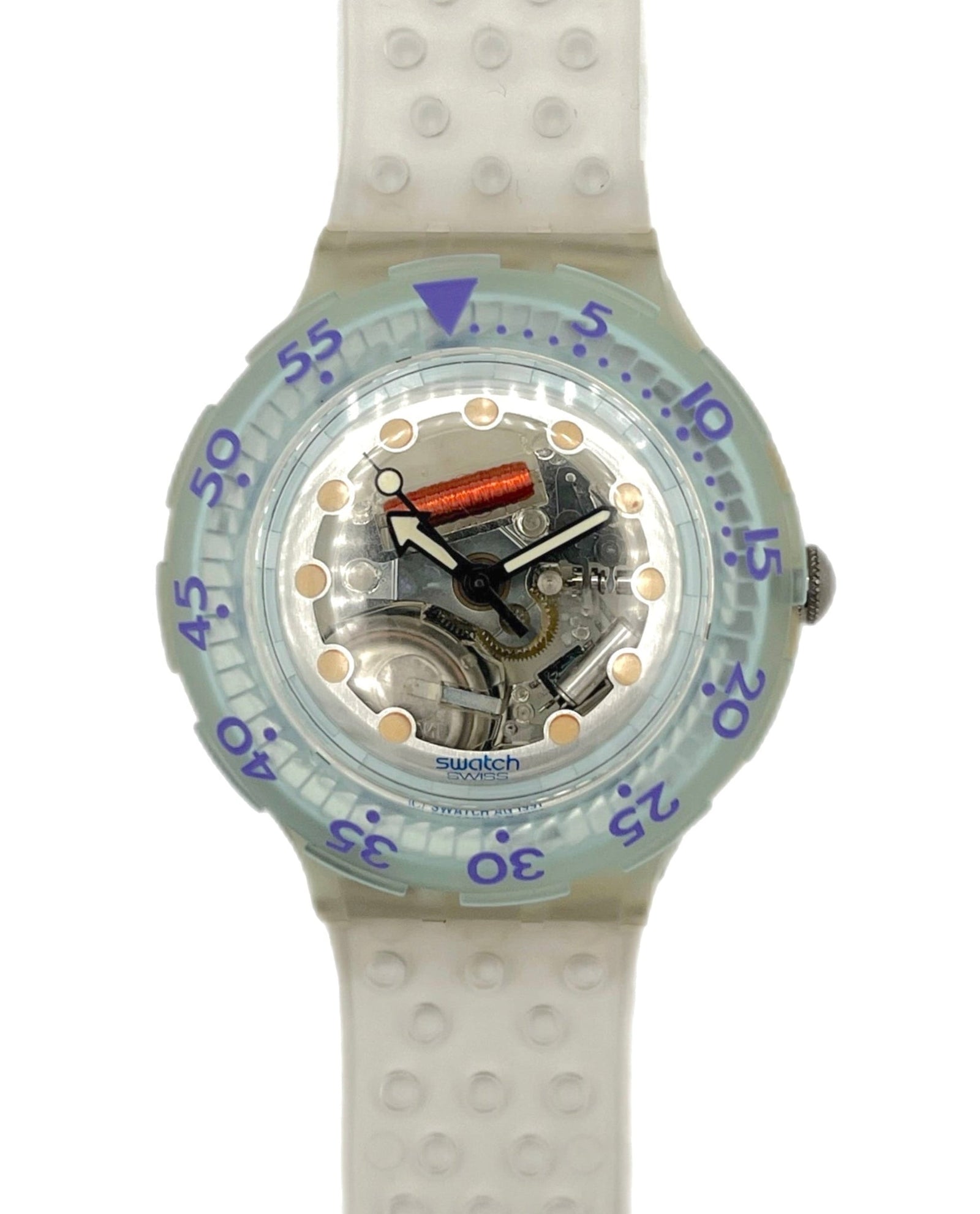 Swathc Scuba Watch with a CLEAR strap and transparent face on a white background