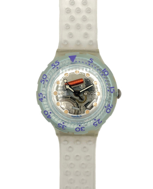 Swathc Scuba Watch with a CLEAR strap and transparent face on a white background
