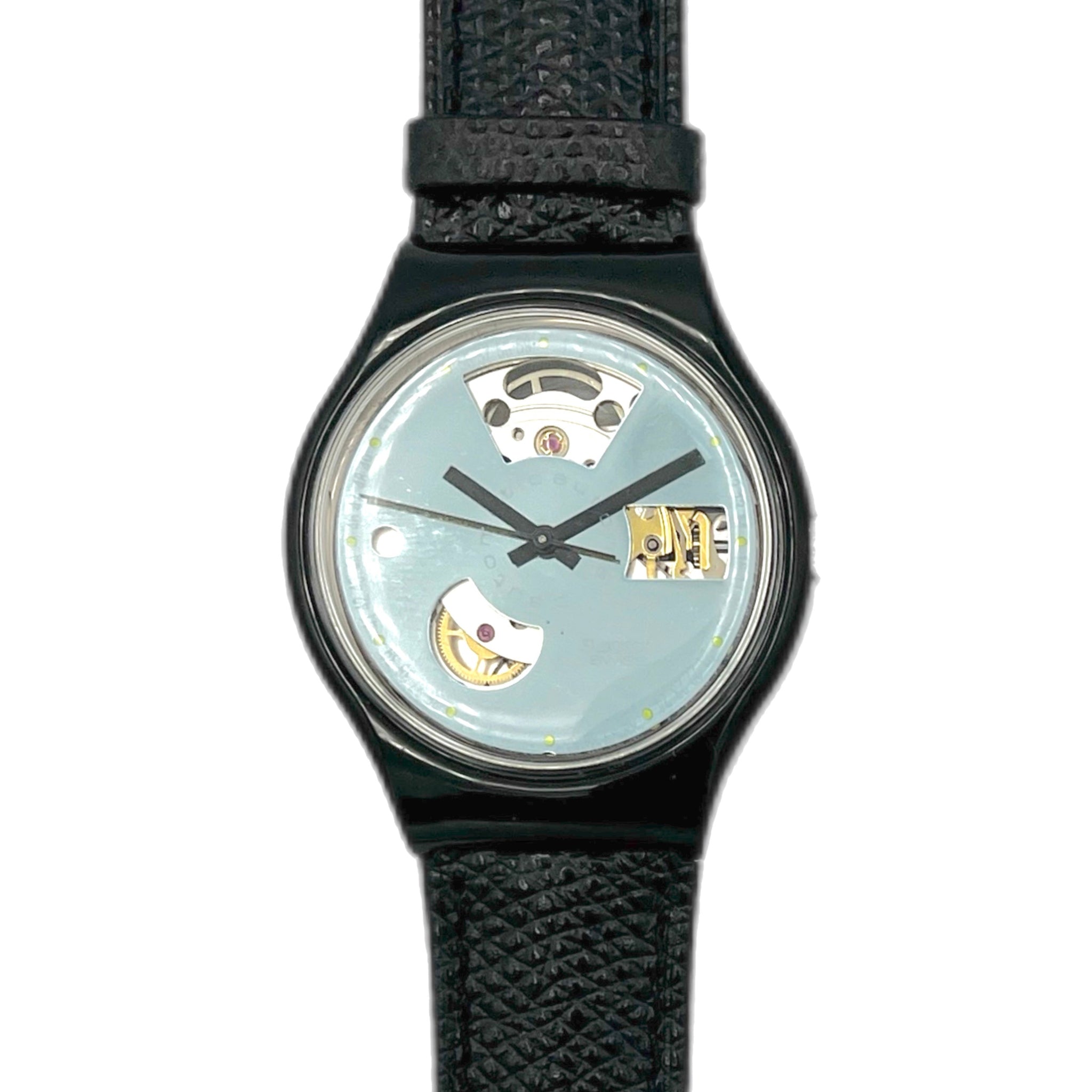 Swatch Automatic Watch with black strap and a mirror face on a white background