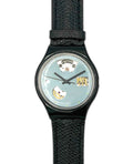 Swatch Automatic Watch with black strap and a mirror face on a white background