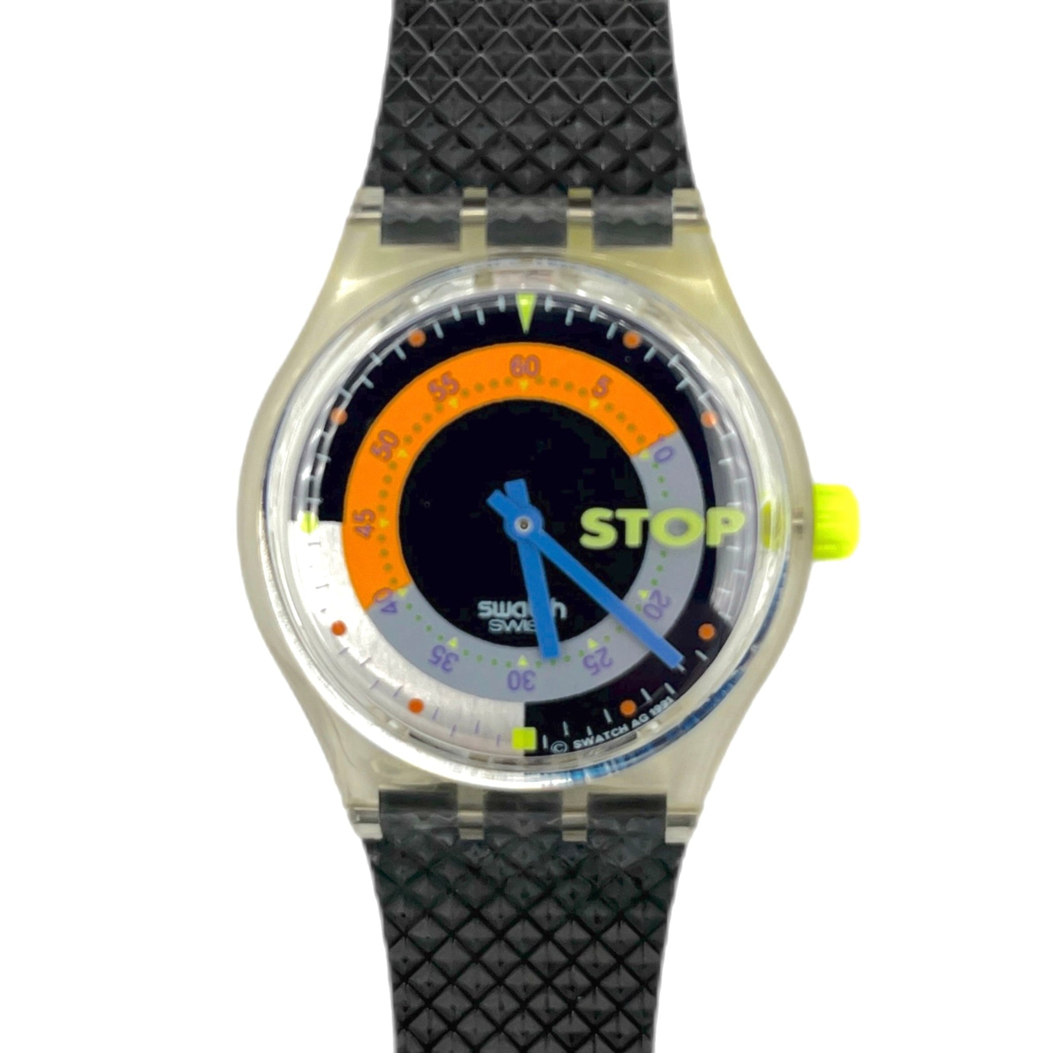 Swatch watch with black strap and colorful face on a white background