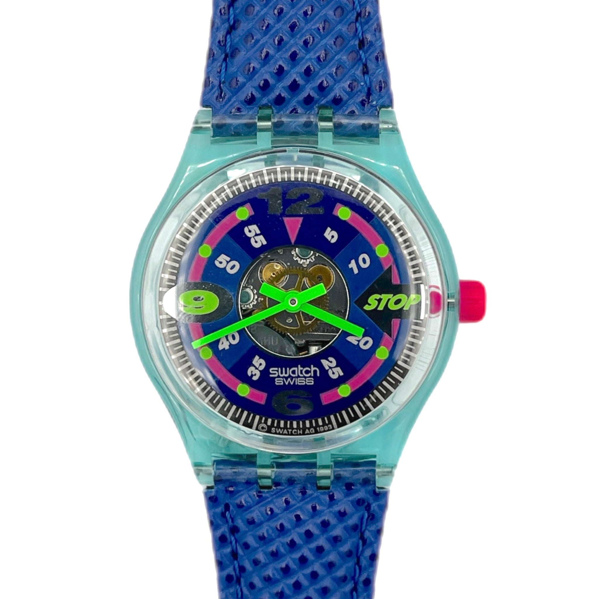 Watch with blue strap and colorful face on a white background