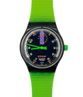 Swatch watch with green strap and black dial on a white background