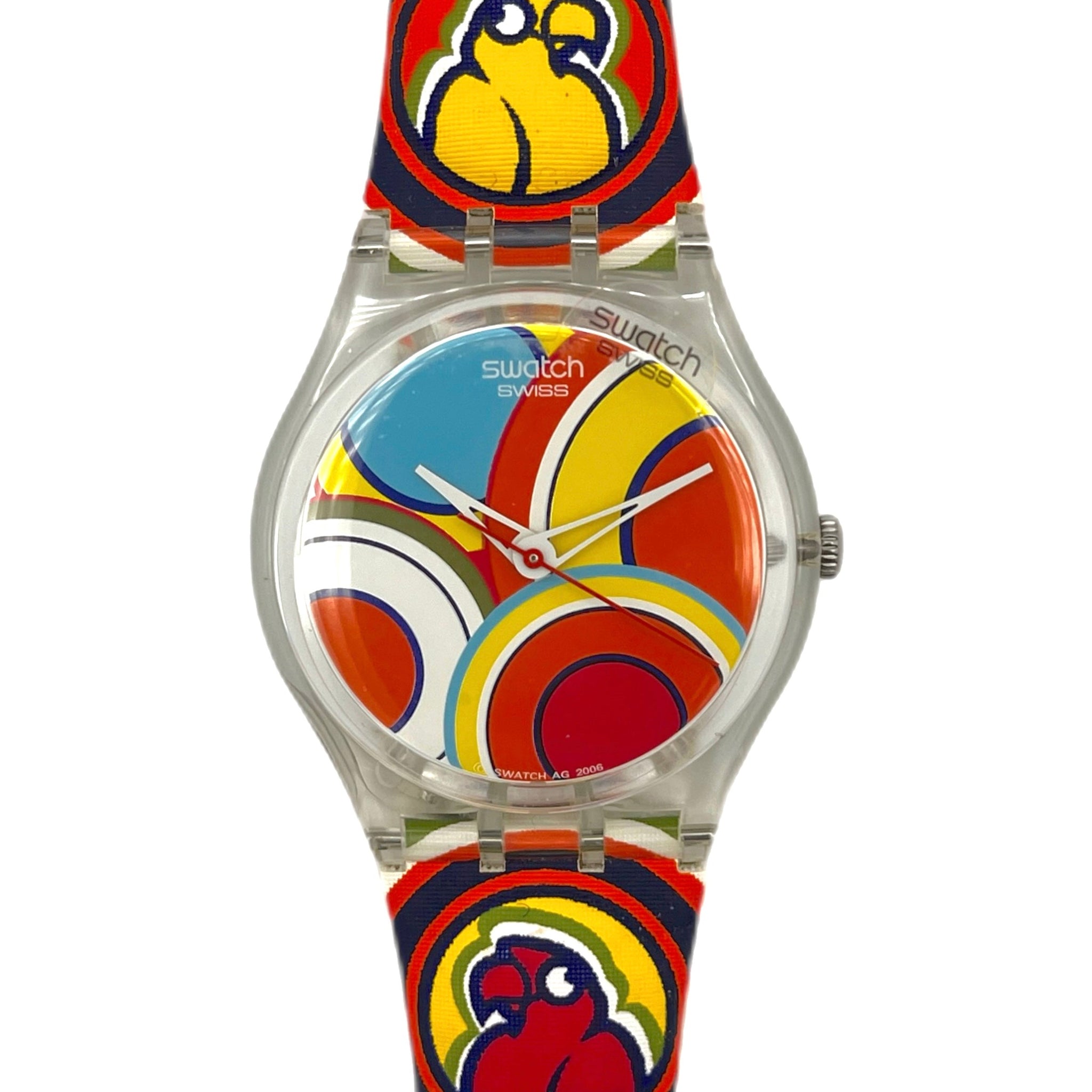 Colorful Swatch watch with parrot design on a white background