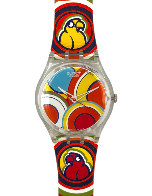 Colorful Swatch watch with parrot design on a white background