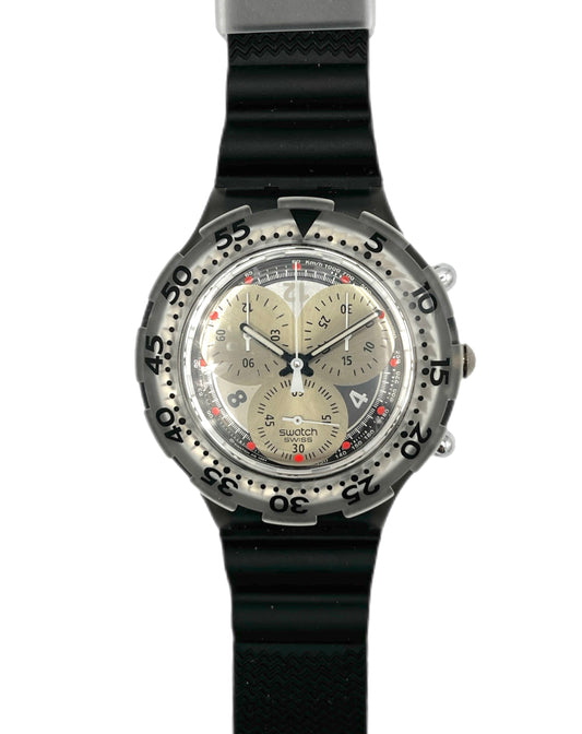 Wristwatch with black strap and detailed face on a white background