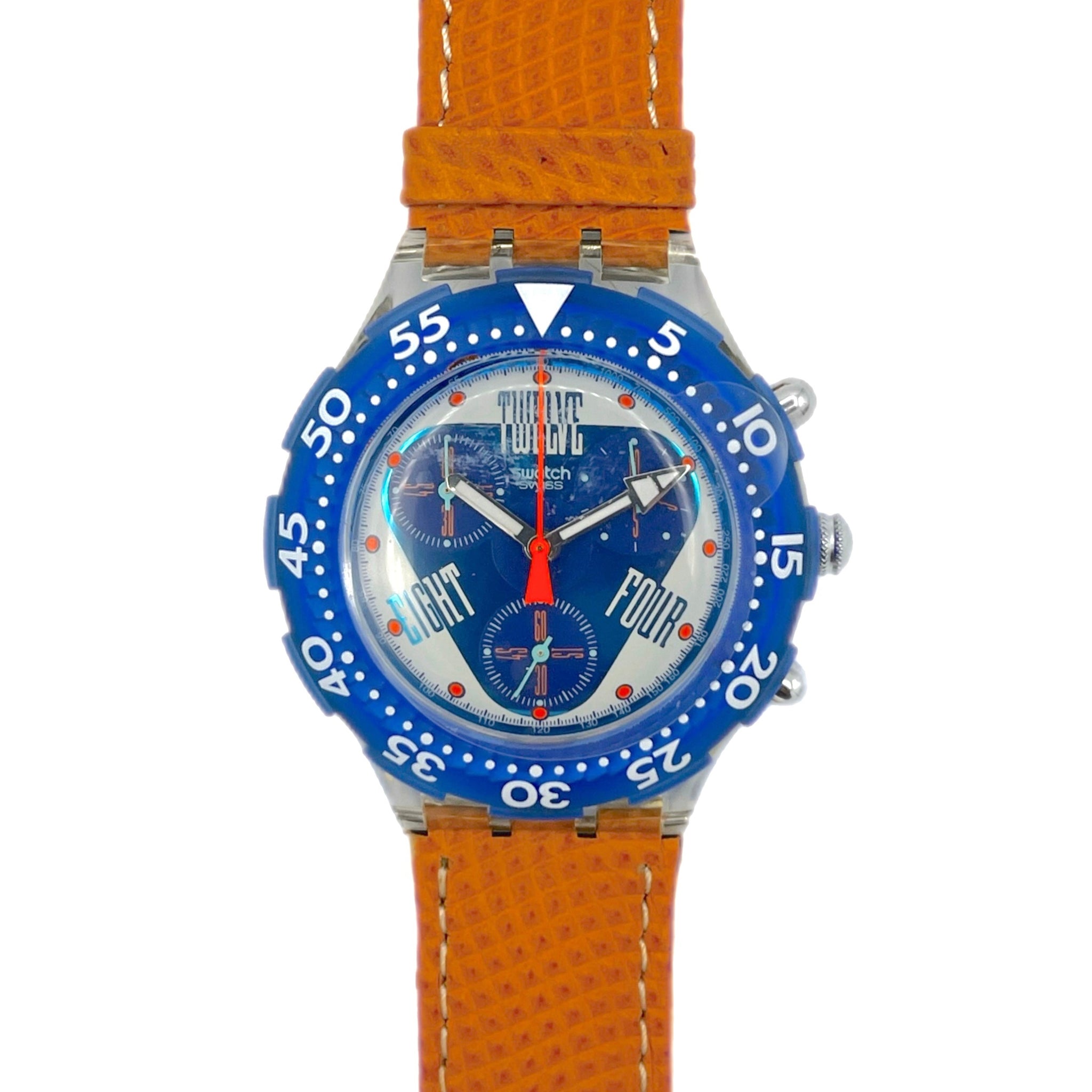 Watch with blue dial and brown leather strap on a white background