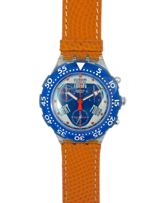 Watch with blue dial and brown leather strap on a white background