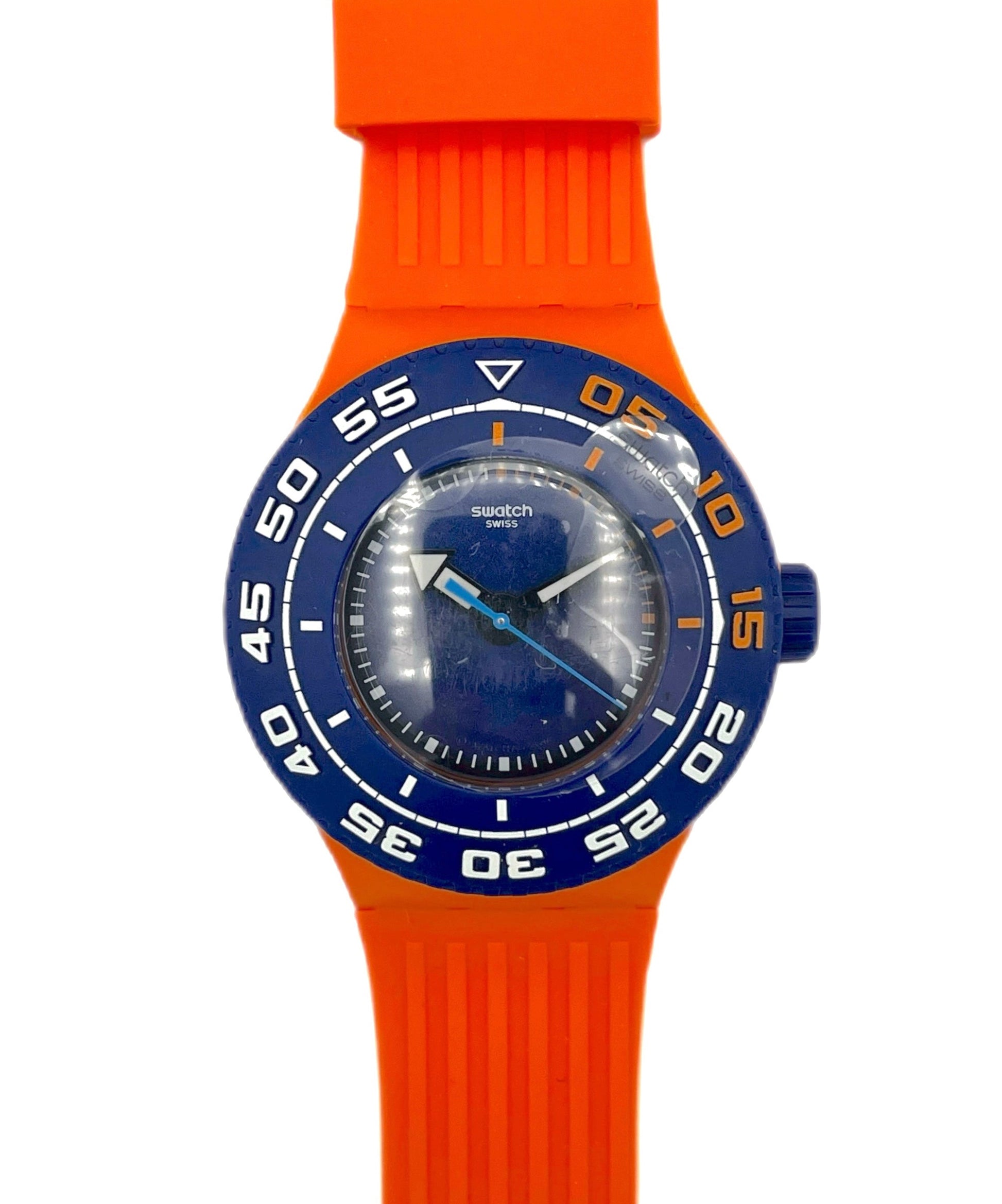 Orange watch with a blue face on a white background