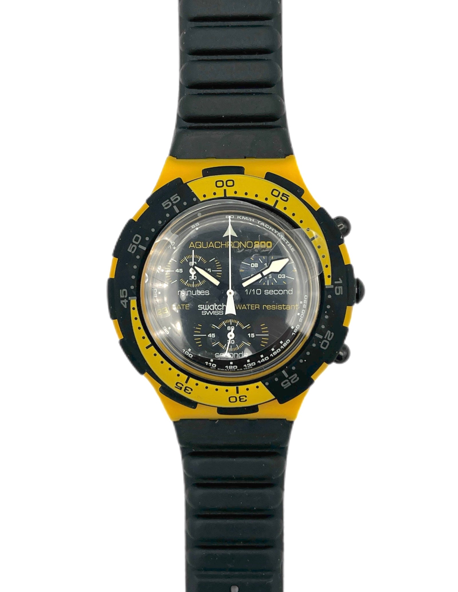 Wristwatch with black and yellow strap on a white background