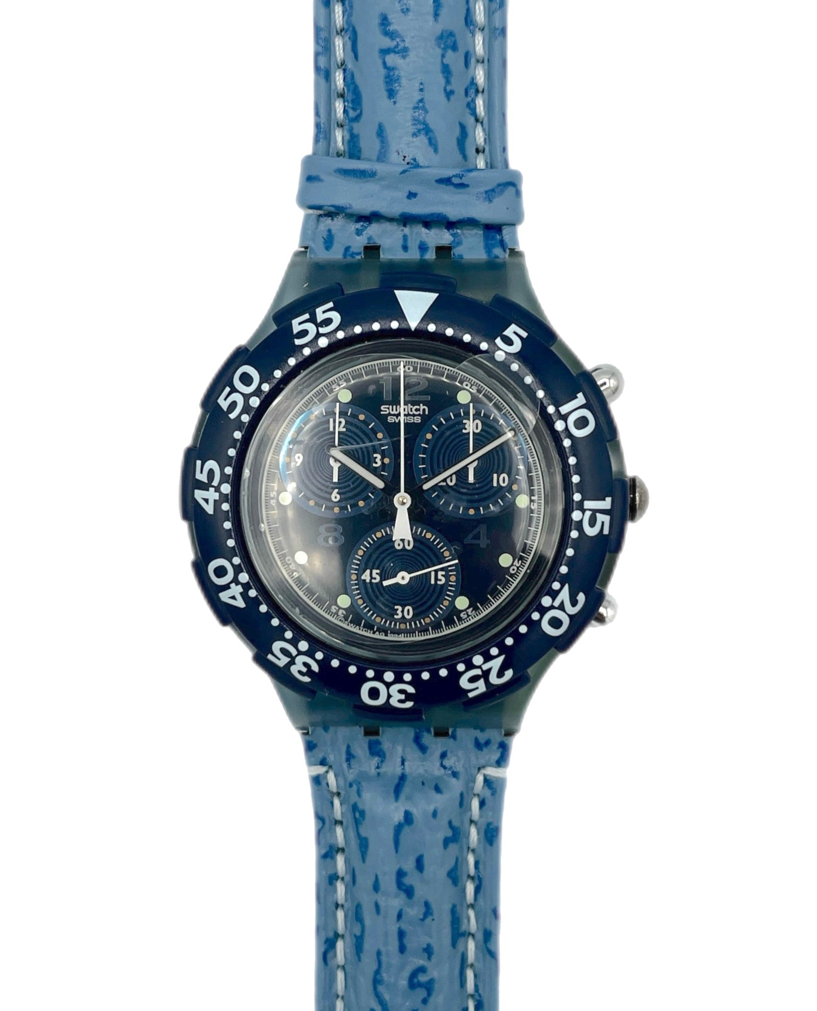 Blue watch with a textured strap on a white background