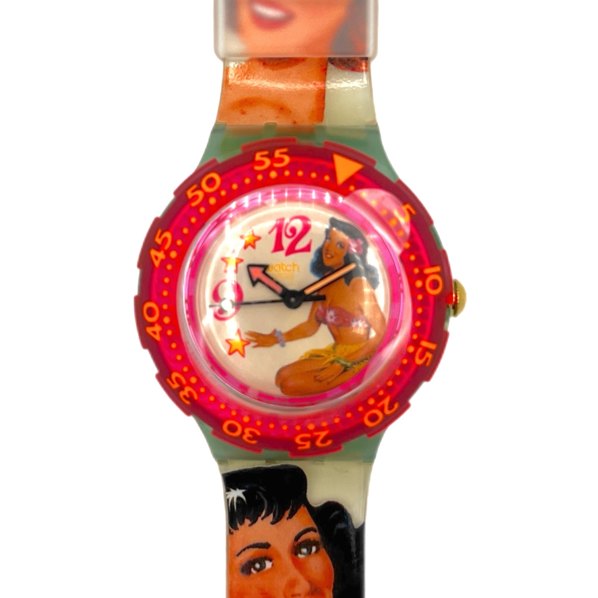 Wristwatch with a colorful design featuring two women's faces on a white background