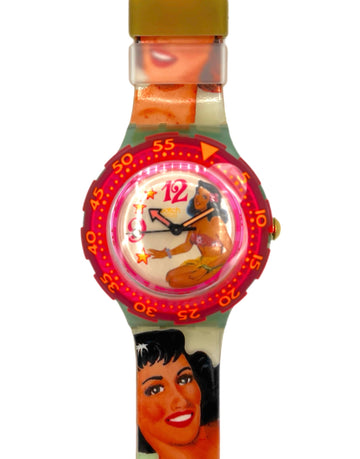 Wristwatch with a colorful design featuring two women's faces on a white background