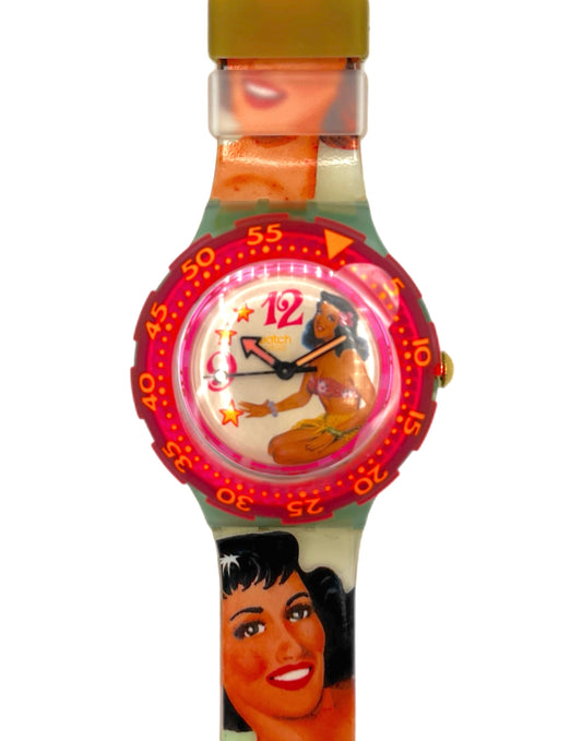 Wristwatch with a colorful design featuring two women's faces on a white background
