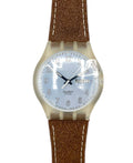 Swatch watch with brown strap on a white background