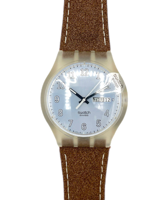 Swatch watch with brown strap on a white background