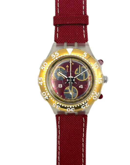 Wristwatch with red strap and gold case on a white background