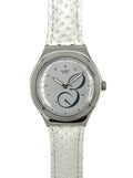 Swatch watch with a white strap and silver case on a white background