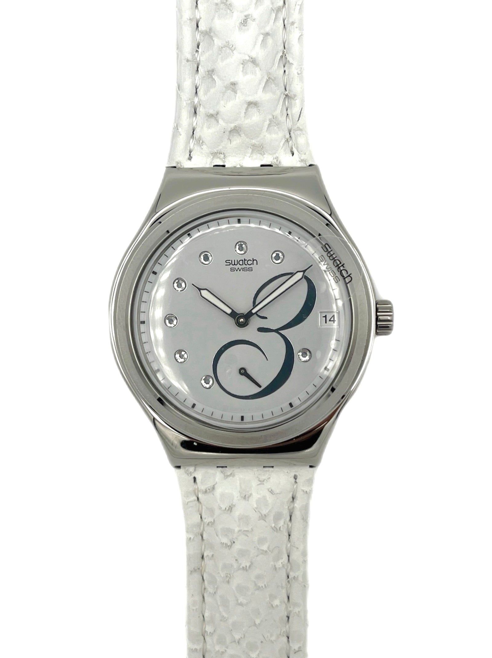 Swatch watch with a white strap and silver case on a white background