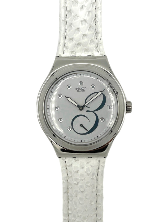 Swatch watch with a white strap and silver case on a white background