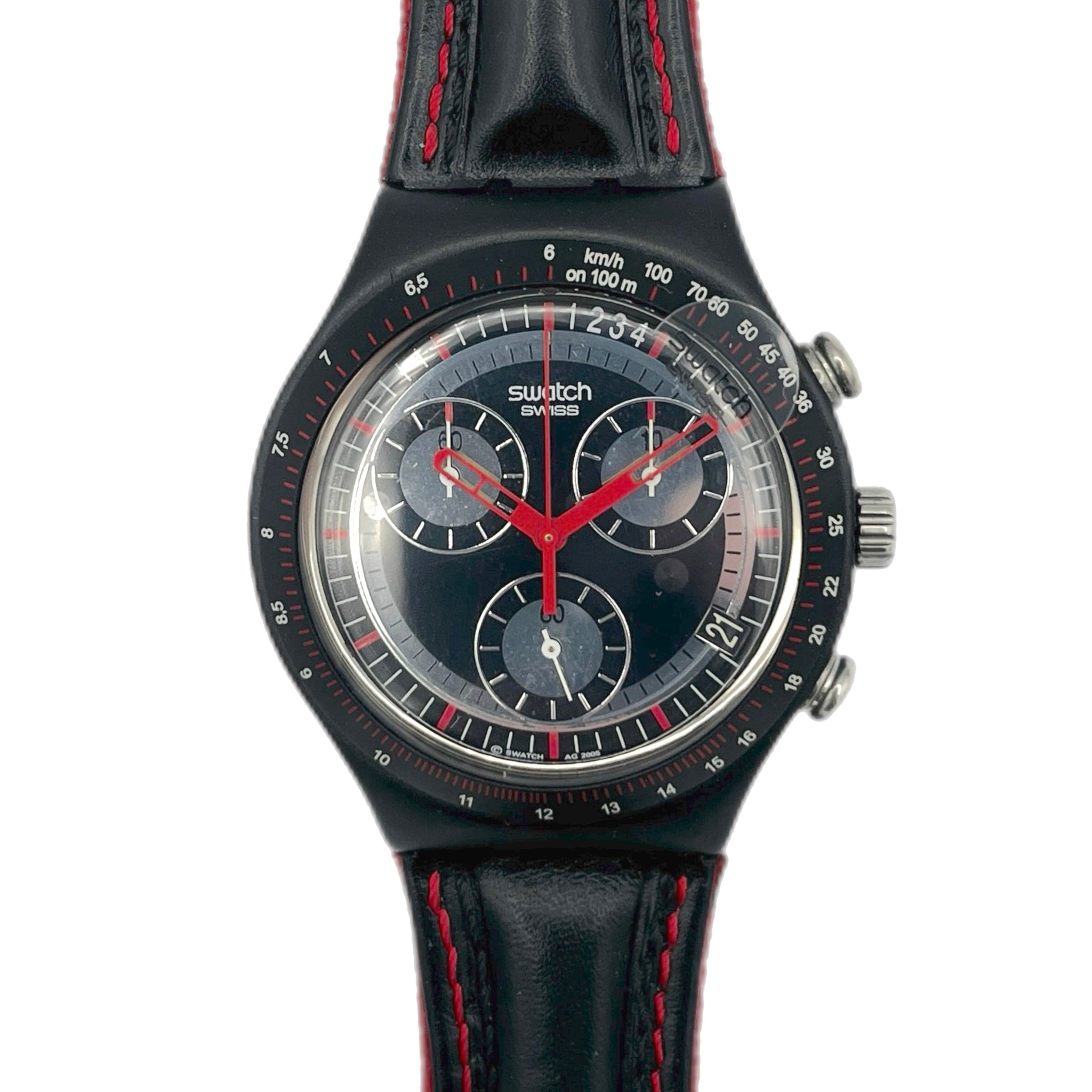 Black Swatch watch with red accents on a white background