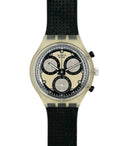 Swatch watch with black strap and detailed face on a white background