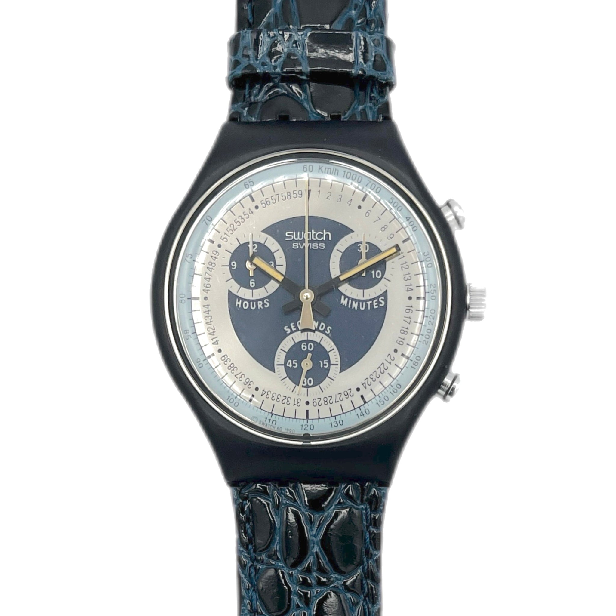 Swatch watch with a dark blue strap on a white background