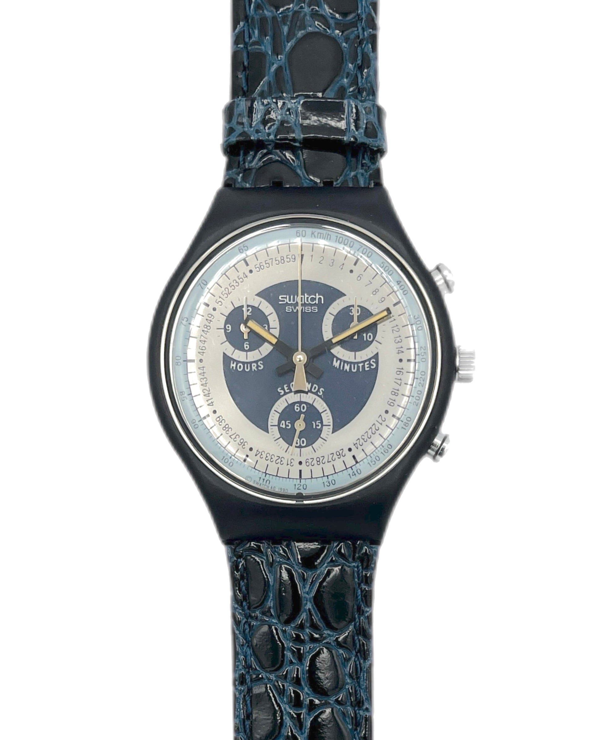 Swatch watch with a dark blue strap on a white background