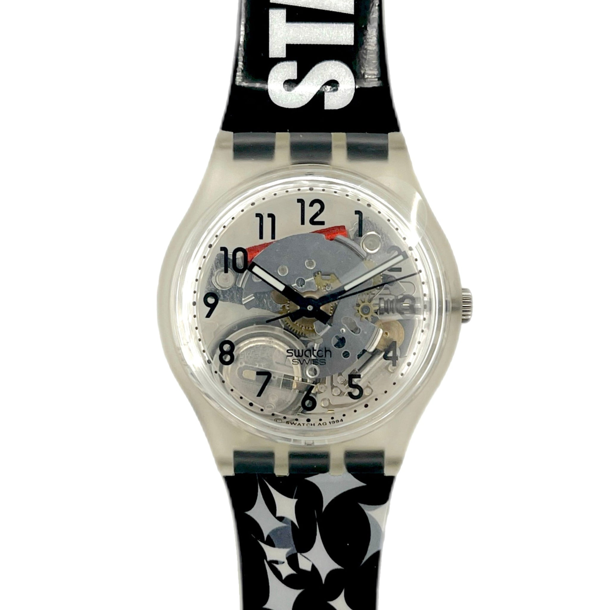 Watch with black strap featuring 'Star' text on a white background