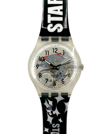 Watch with black strap featuring 'Star' text on a white background