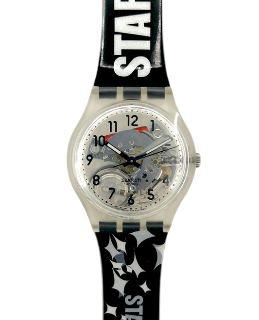 Watch with black strap featuring 'Star' text on a white background