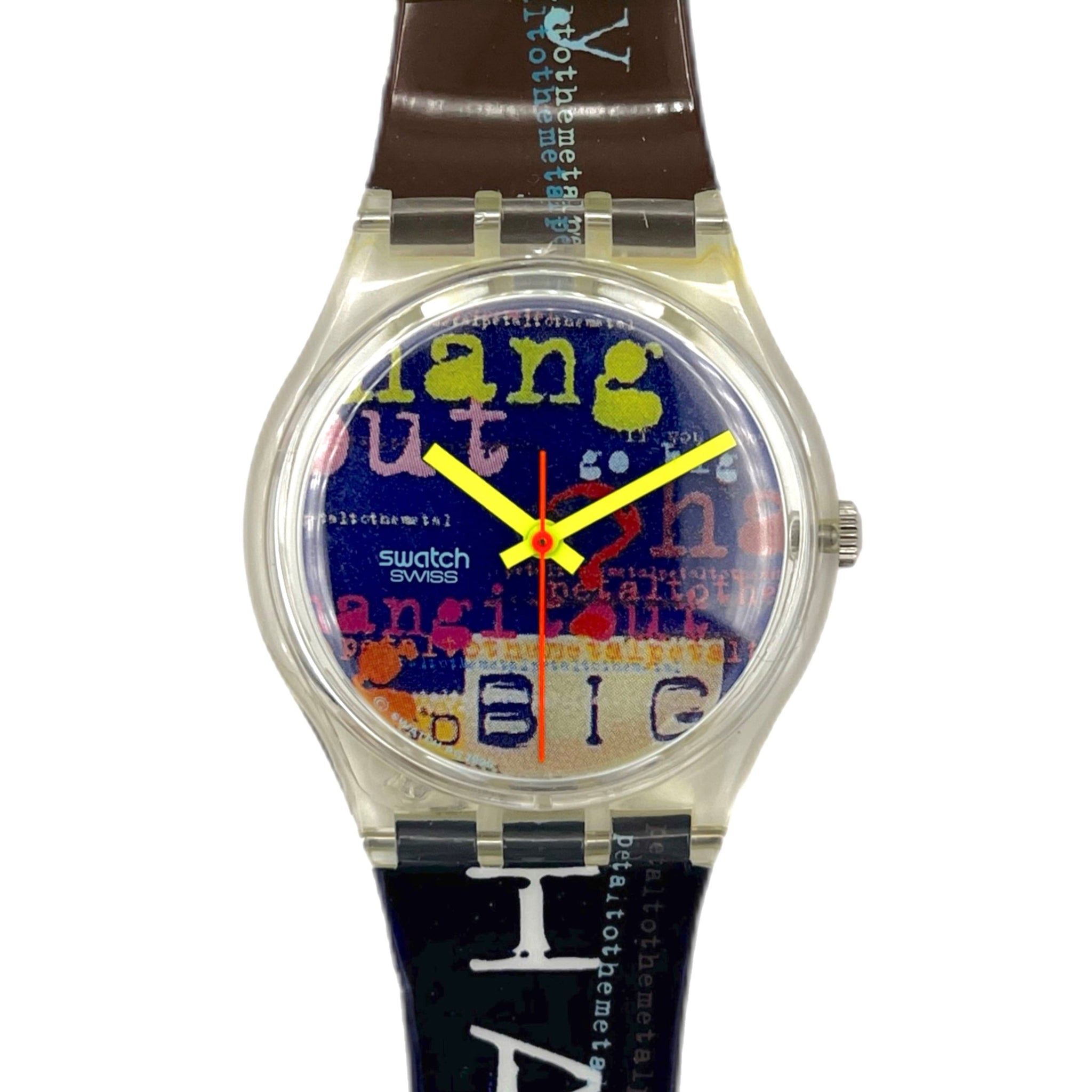 Swatch watch with colorful face and text on a white background