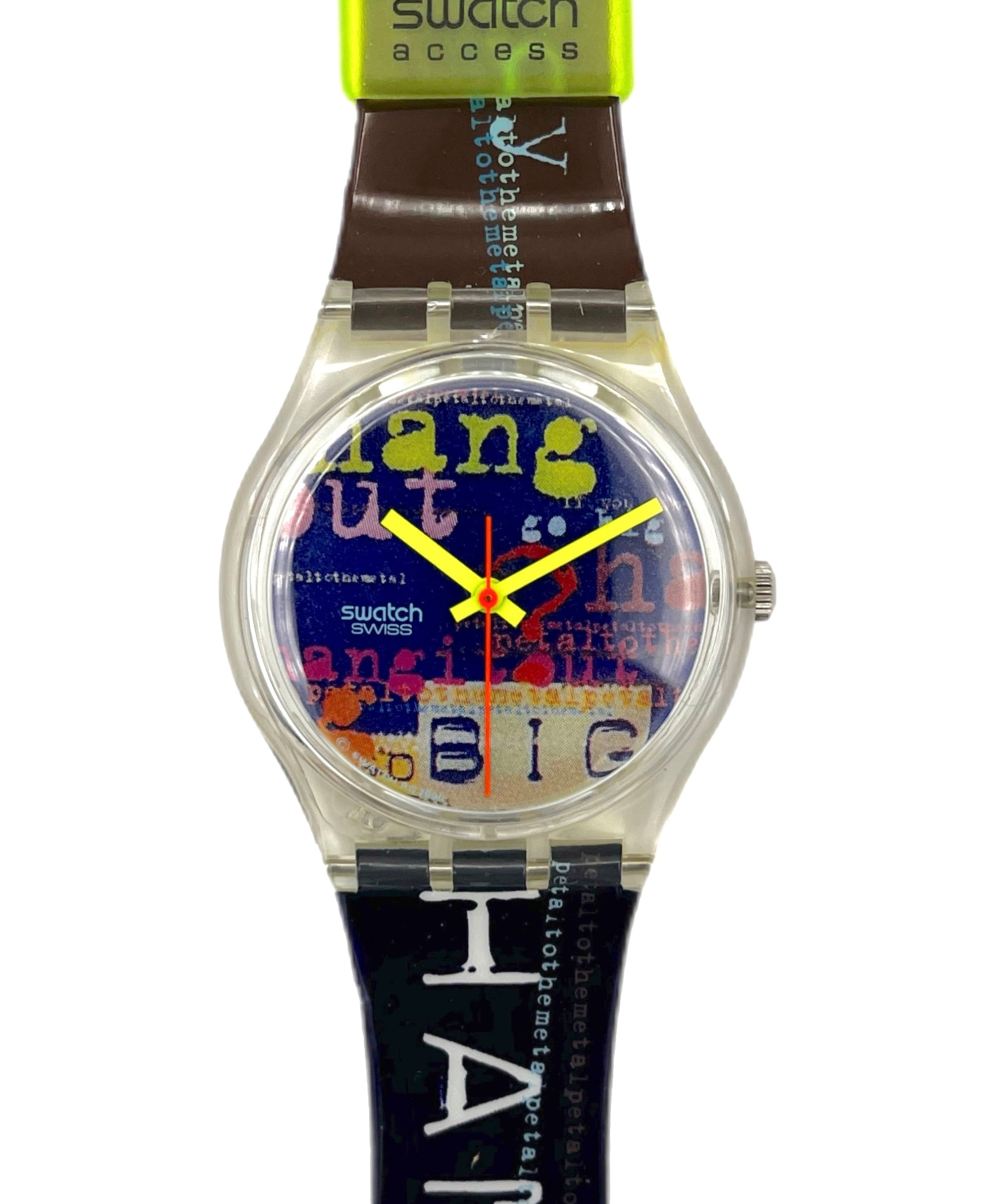 Swatch watch with colorful face and text on a white background
