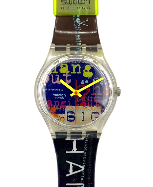 Swatch watch with colorful face and text on a white background