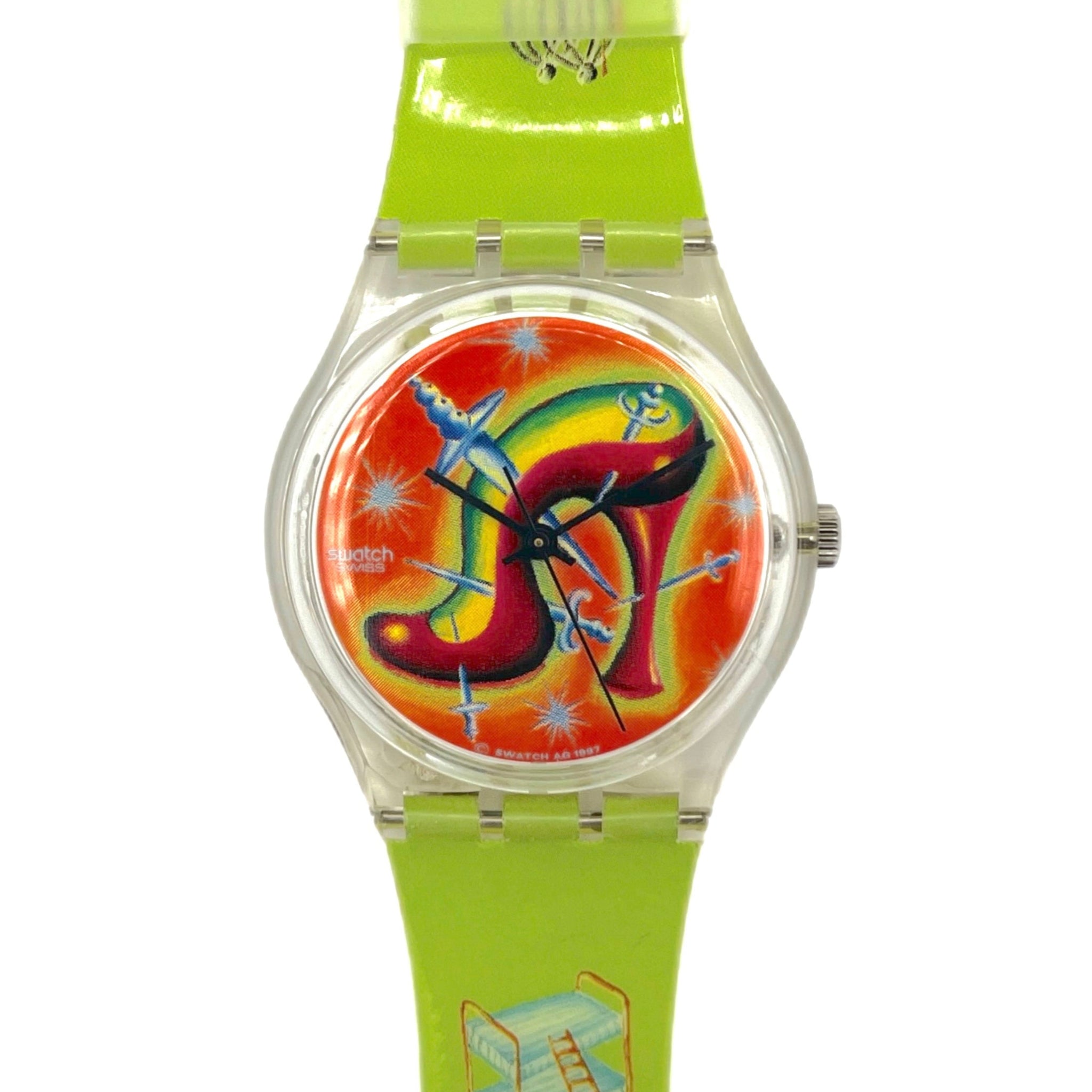 Colorful watch with a toucan design on a green strap against a white background