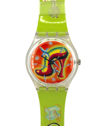 Colorful watch with a toucan design on a green strap against a white background