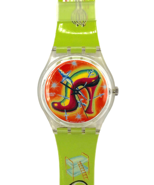 Colorful watch with a toucan design on a green strap against a white background