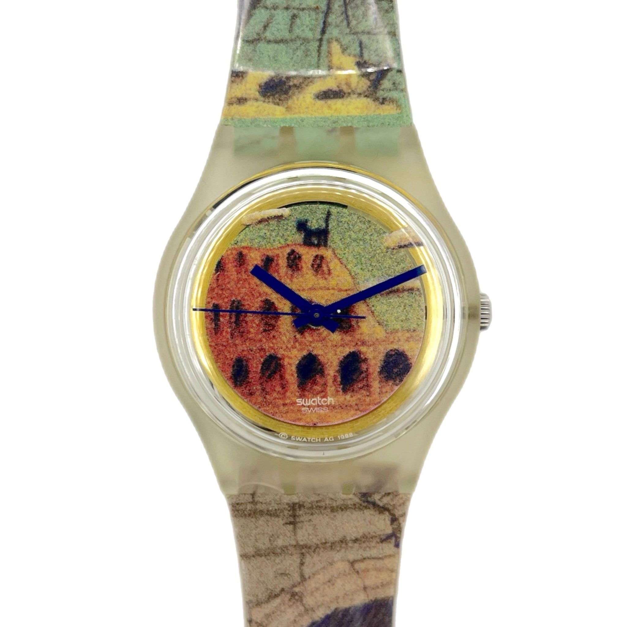Watch with a colorful strap featuring a map design and a castle illustration on the dial.