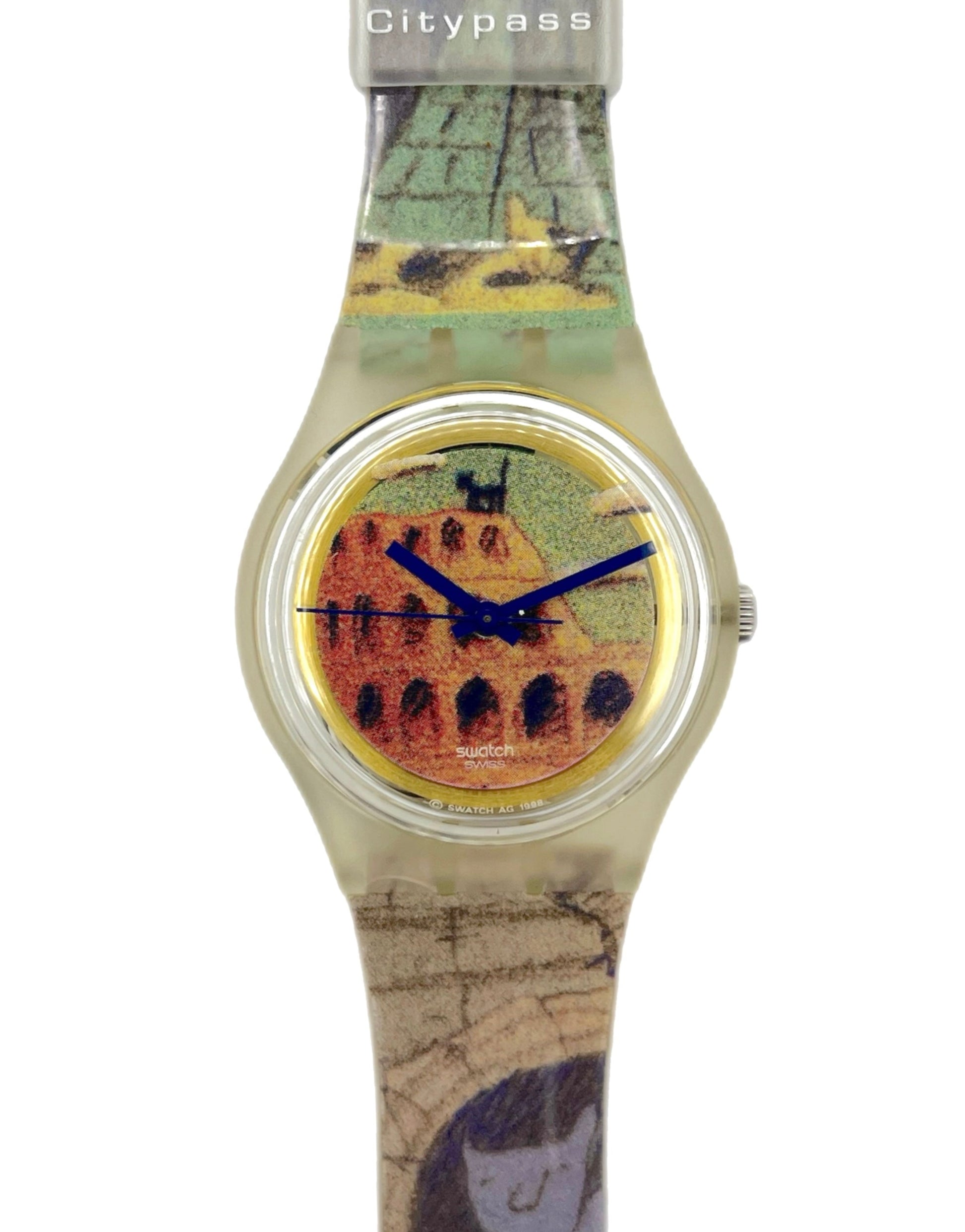 Watch with a colorful strap featuring a map design and a castle illustration on the dial.