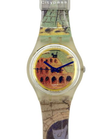 Watch with a colorful strap featuring a map design and a castle illustration on the dial.
