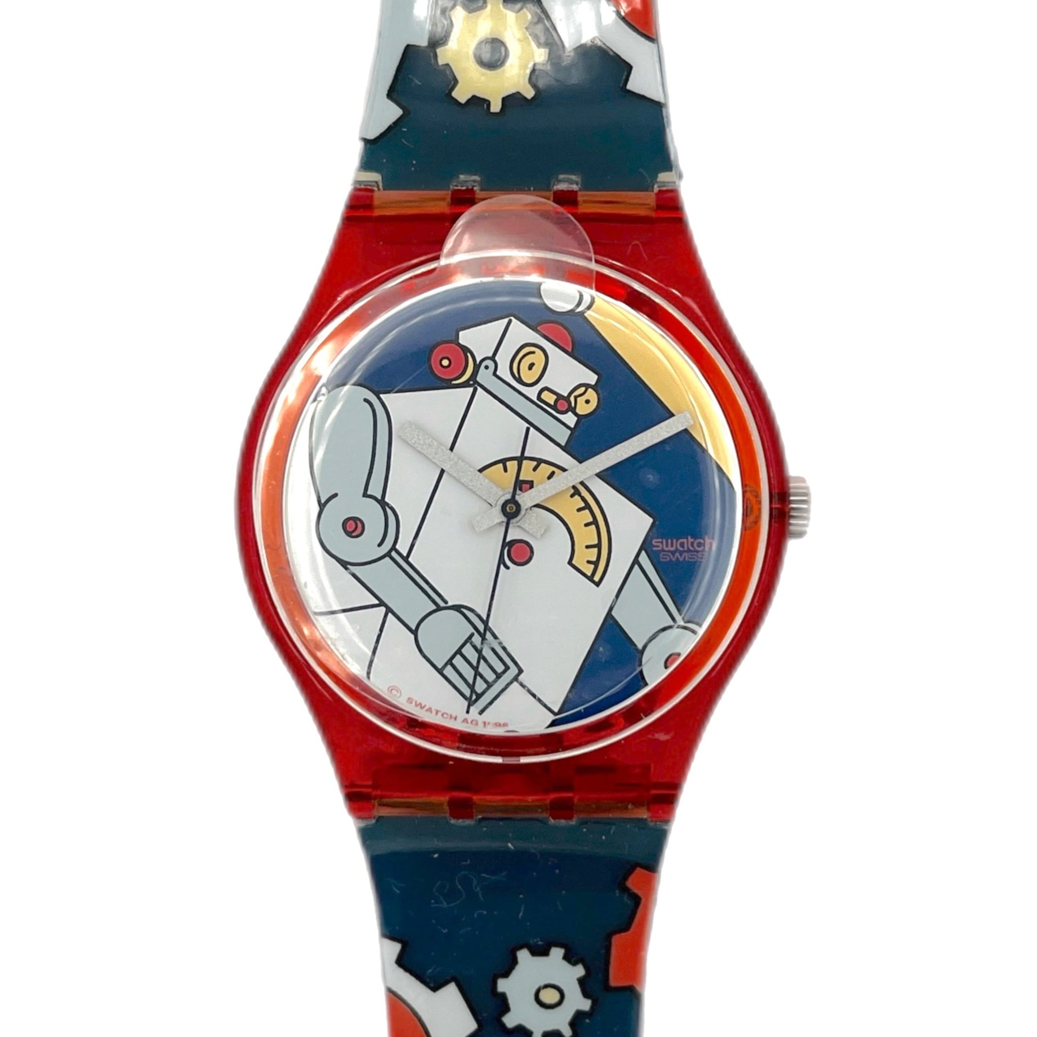 Watch with a robot design on a blue and red strap