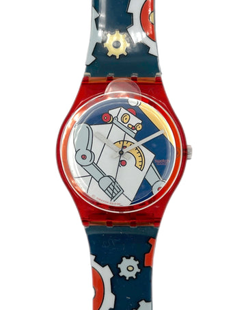 Watch with a robot design on a blue and red strap
