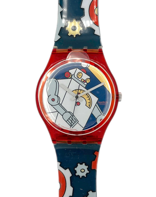 Watch with a robot design on a blue and red strap