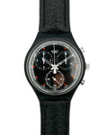 Black Swatch watch with detailed face on a white background