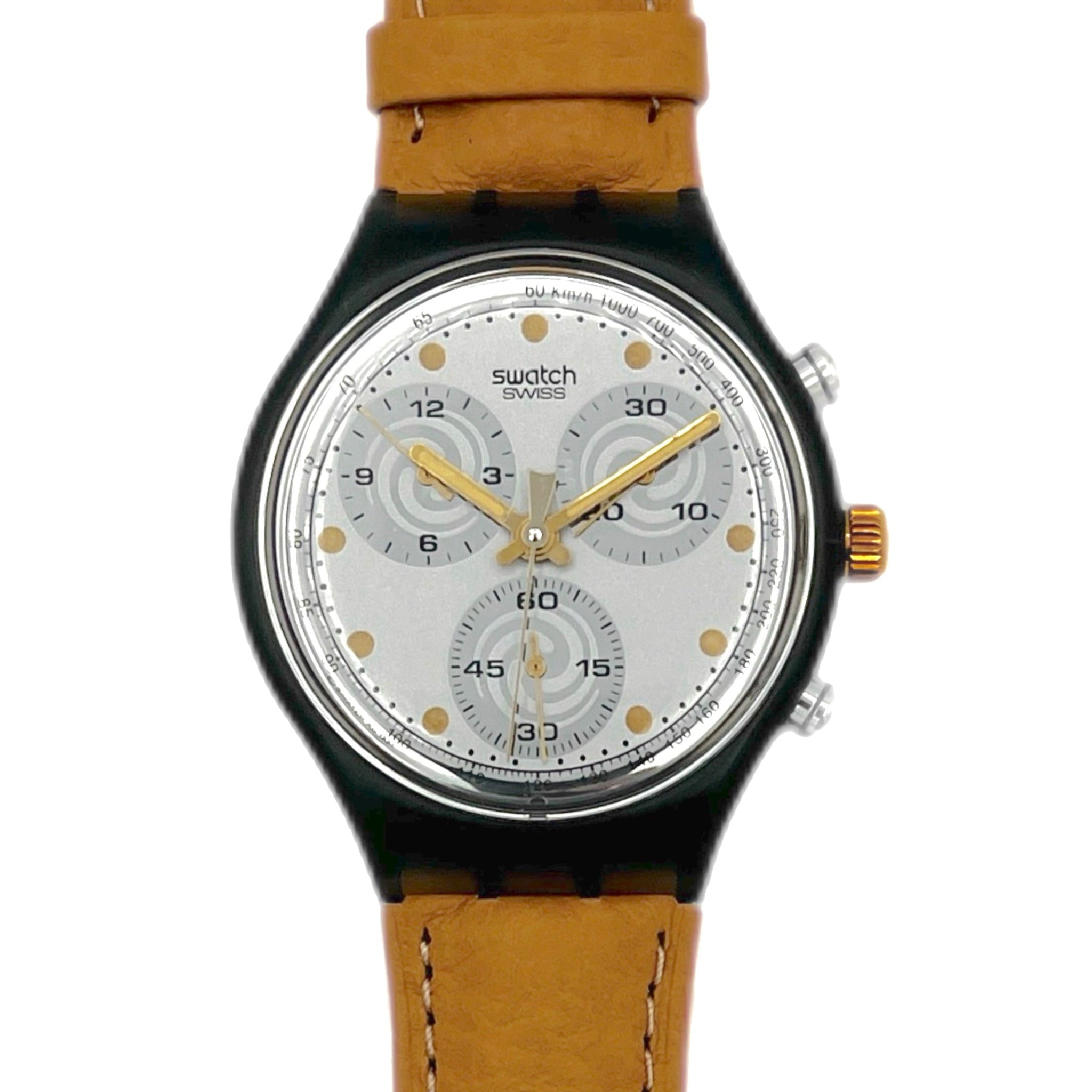 Watch with brown leather strap and silver dial on a white background