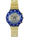 Wristwatch with blue dial and gold accents on a white background
