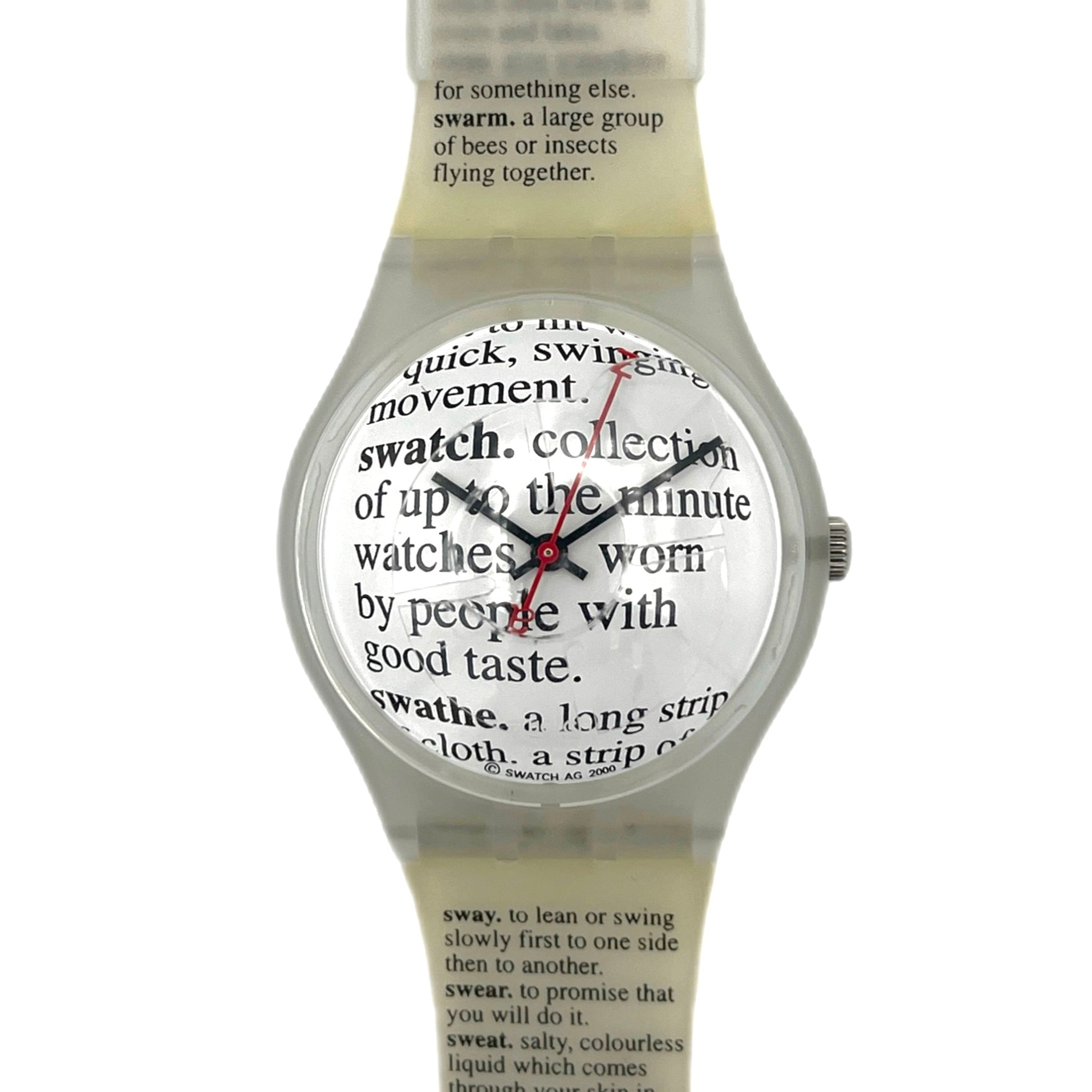 Watch with a white face displaying text and a silver case on a white background