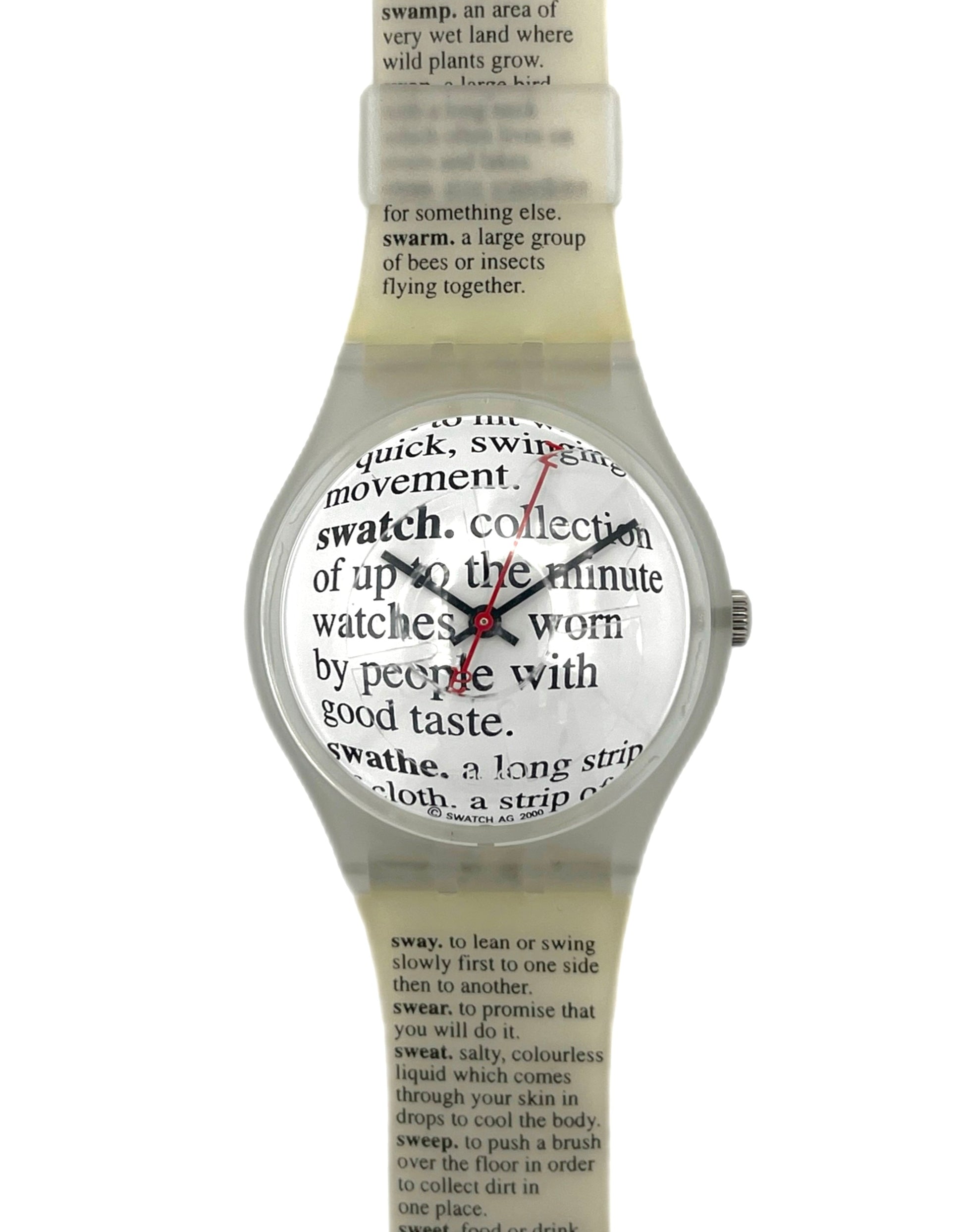 Watch with a white face displaying text and a silver case on a white background